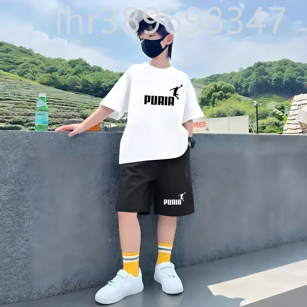 Summer Kids Print 2pcs Breathable Tees+Shorts Leisure Suits 3-12 Years Boys Girls Outfits Children Cool Black White Clothes