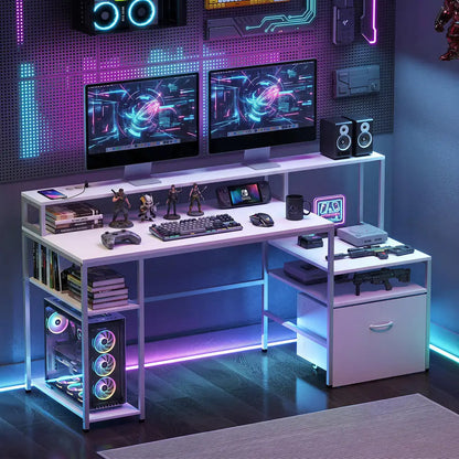 Computer Desk With Charging Station & Raised Monitor Stand, Multi-tiered Desk, 166 X 60 X 88 Cm, White
