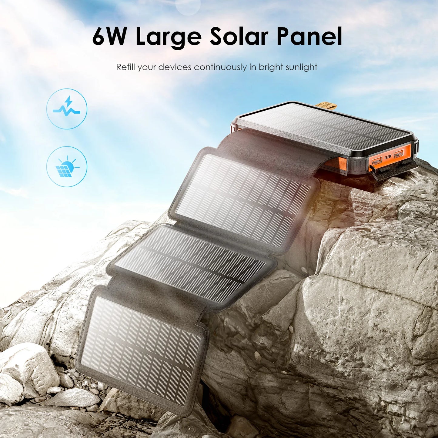 26,800 MAh Fast Solar Charger QC PD 22.5 W Solar Power Bank, 3 Outputs 4 Foldable Panels Charges External Battery, Camping Light
