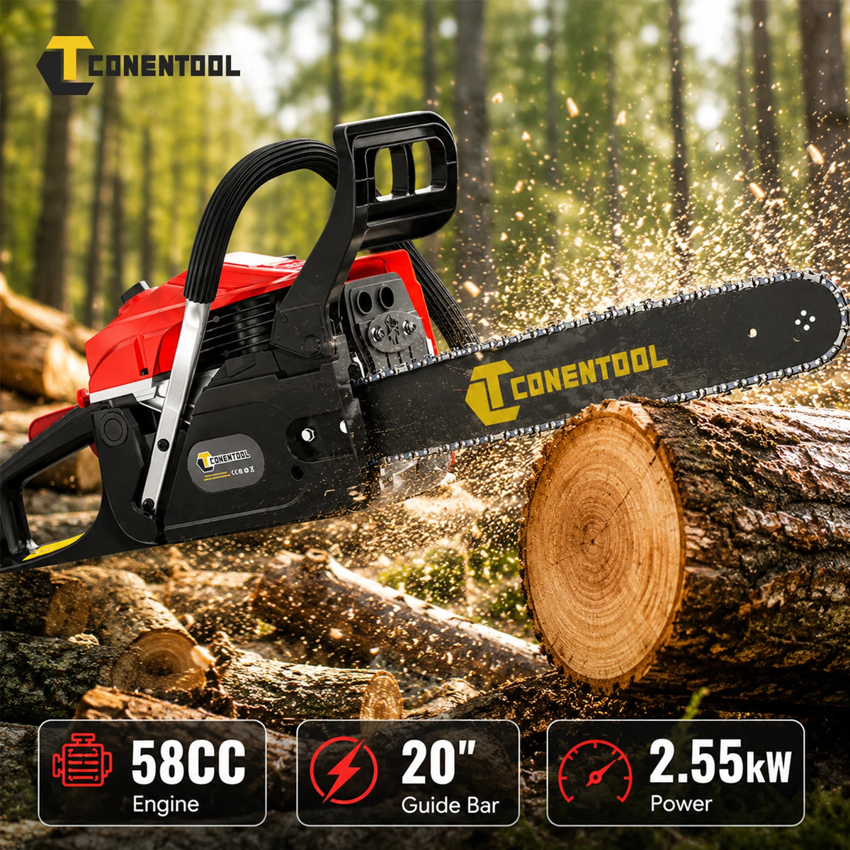 CONENTOOL Professional 58CC Gas Petrol Chainsaw 20" Chain Saw 2.55kW High Power Wood Cutter for Tree Felling Firewood Farm Forestry Garden Tool