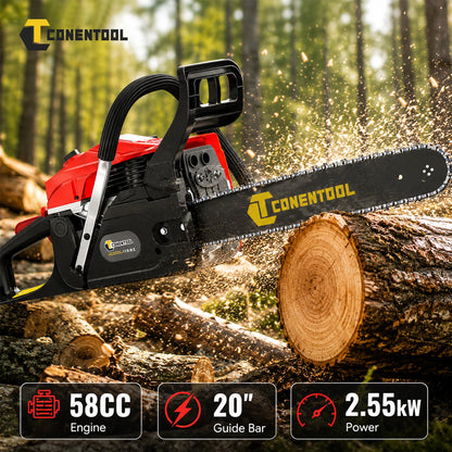 CONENTOOL Professional 58CC Gas Petrol Chainsaw 20" Chain Saw 2.55kW High Power Wood Cutter for Tree Felling Firewood Farm Forestry Garden Tool
