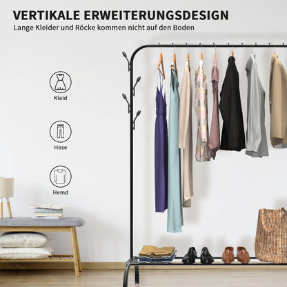 Klädställning i metall med klädstång, sidokrokar och hyllförvaring