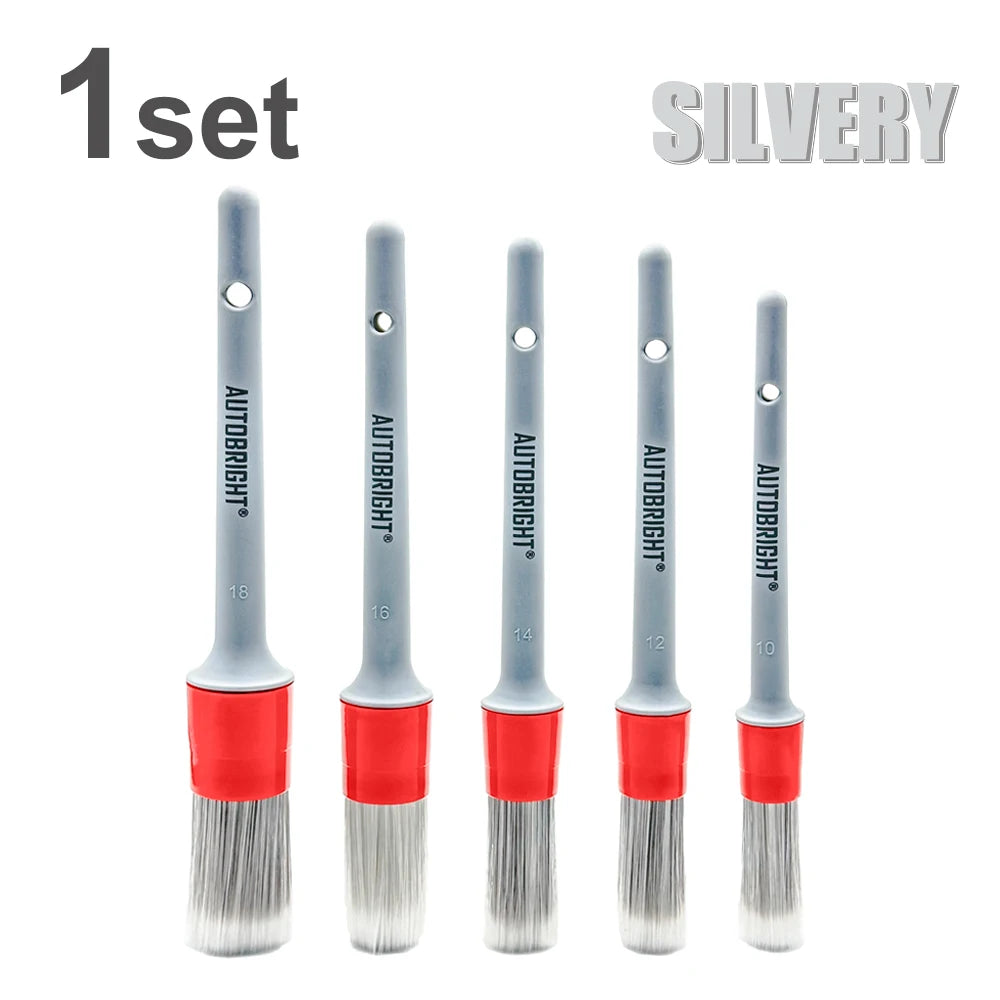 AUTOBRIGHT 5pcs Car Wash Brushes High quality soft brush Dense Bristles Car Detailing Clean Interior Wheel Silver Brush set Tool