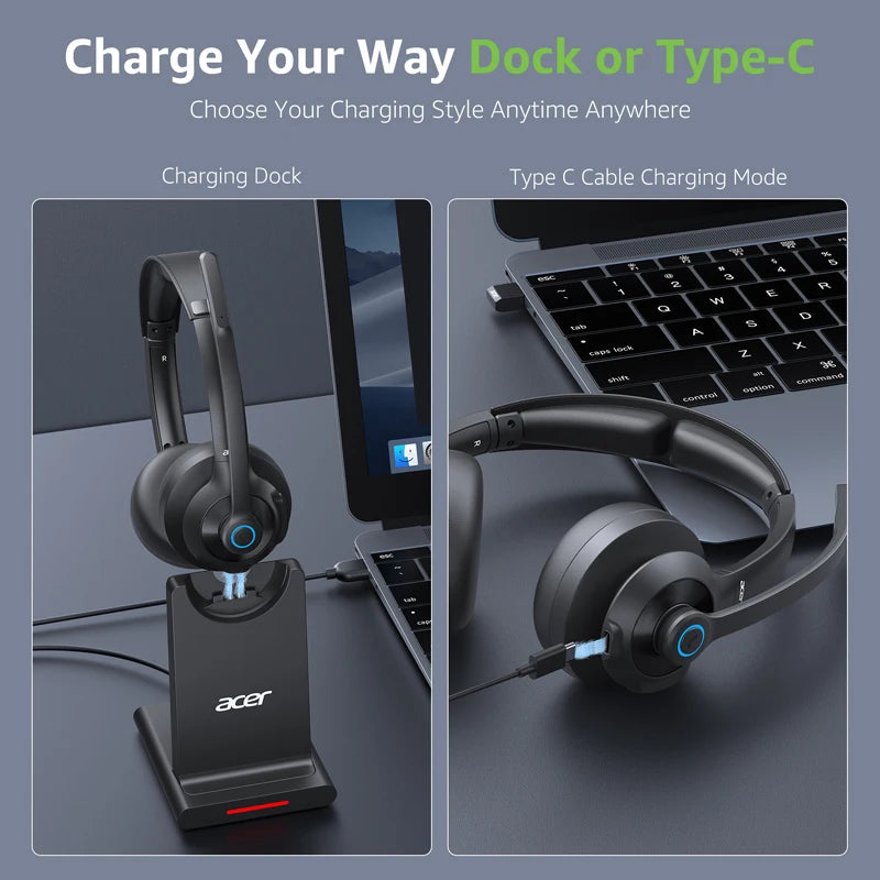 Acer HB02 Wireless Headset with Mic for Work 2.4G Bluetooth 5.3 Dual Mode Headphones USB Dongle for PC Headset for Call Center
