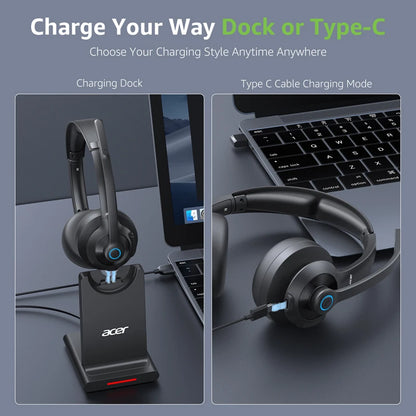 Acer HB02 Wireless Headset with Mic for Work 2.4G Bluetooth 5.3 Dual Mode Headphones USB Dongle for PC Headset for Call Center