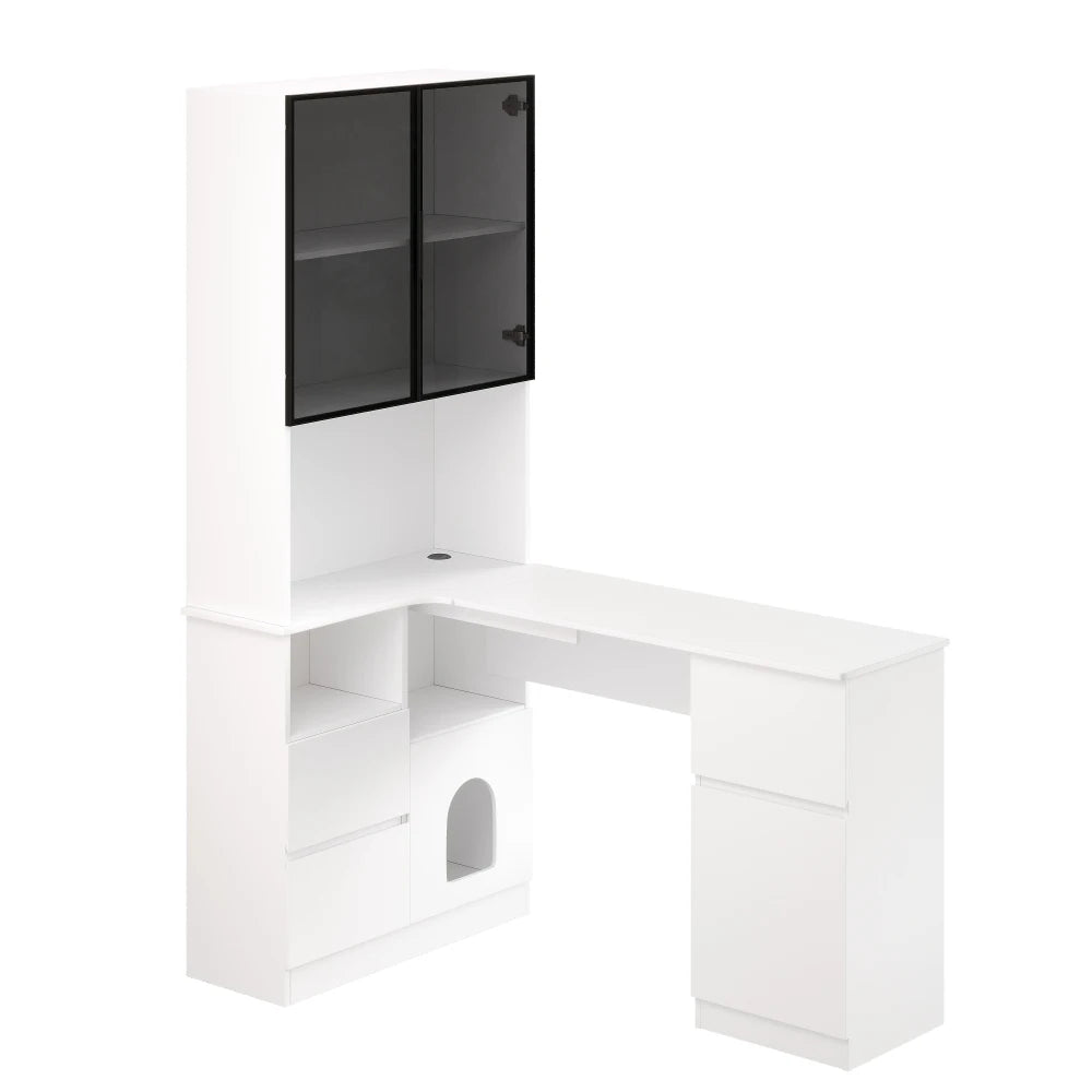 Corner Desk with Shelf and LED Display Cabinet, Desk with Cable Outlet, 3 Drawers, 2 Doors, Open Compartments, Built-in Bookcase