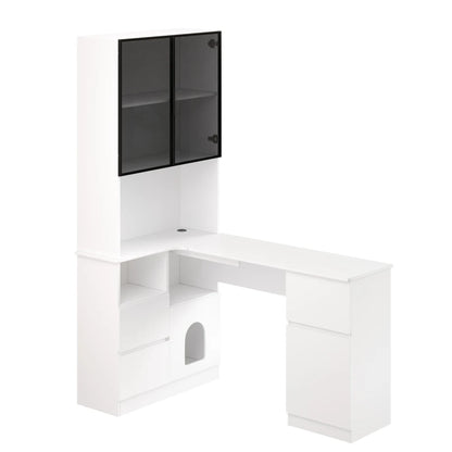 Corner Desk with Shelf and LED Display Cabinet, Desk with Cable Outlet, 3 Drawers, 2 Doors, Open Compartments, Built-in Bookcase