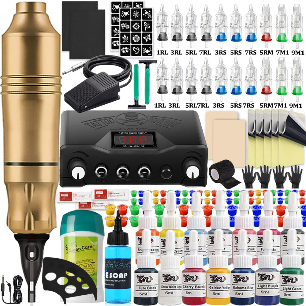 Complete Cartridge Tattoo Pen Machine Kit DC Rotary Machine Pen with Cartridge Needles Power Supply Inks for Tattoo Beginner Set