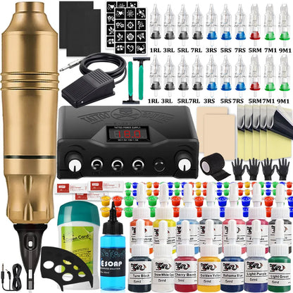 Complete Cartridge Tattoo Pen Machine Kit DC Rotary Machine Pen with Cartridge Needles Power Supply Inks for Tattoo Beginner Set