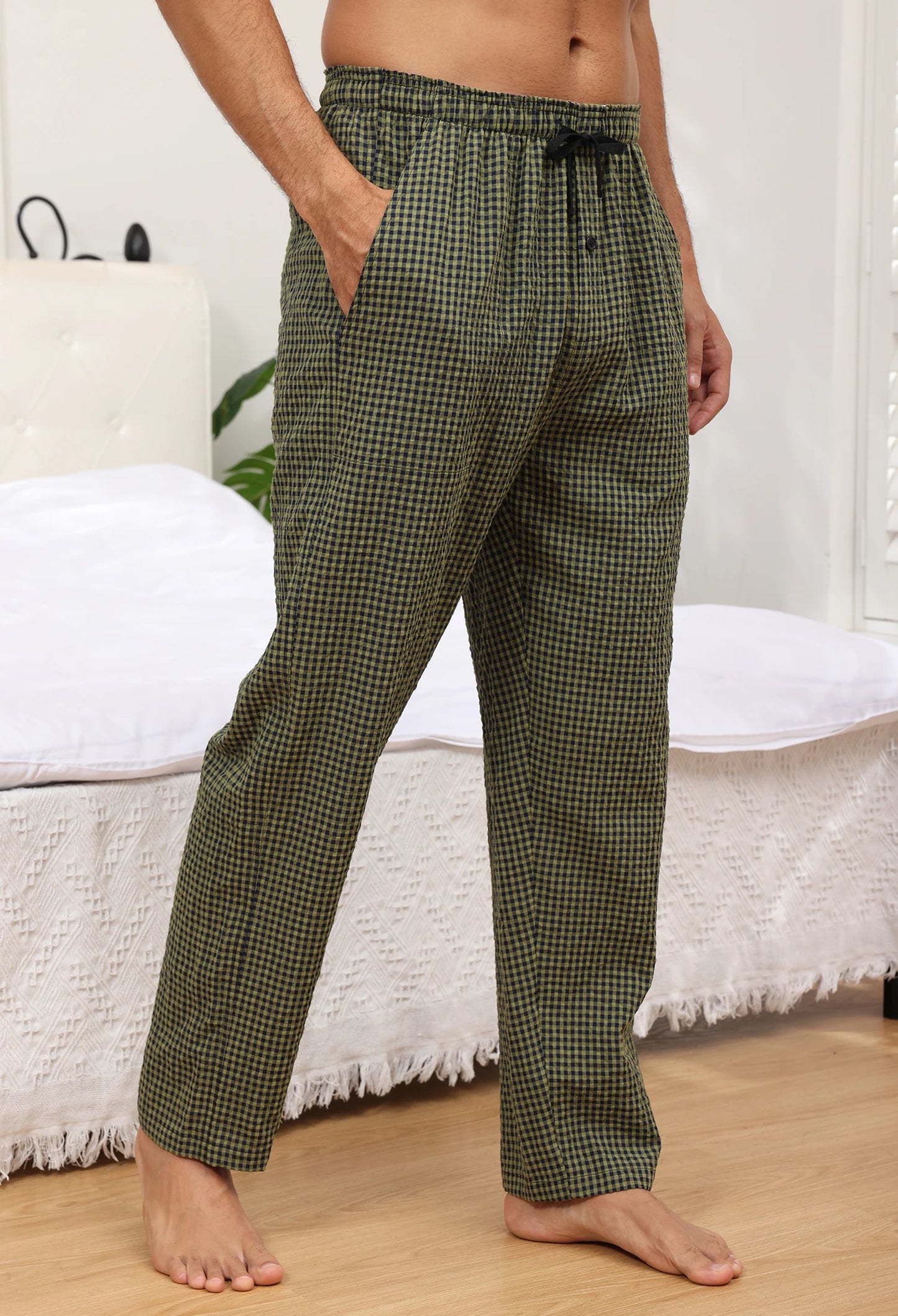 Men's 3Pcs Pajama Sleeping Pants Cotton Plaid Pjs, Long Plaid Print Sleepwear Pajama Pants with Elastic Waist Homewear