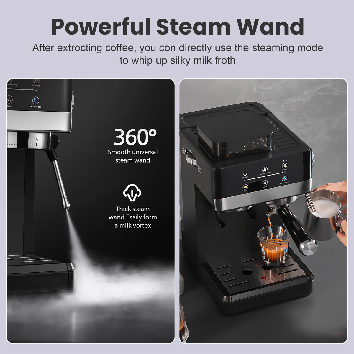 Matte Black Smart Espresso Coffee Machine Burr Grinder Touch Screen Pre-Infusion 360° Steam Wand Cold Brew