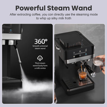 Matte Black Smart Espresso Coffee Machine Burr Grinder Touch Screen Pre-Infusion 360° Steam Wand Cold Brew