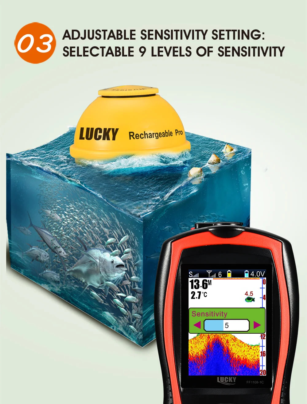 LUCKY FF1108-1CWLA Sonar Fish Finder Portable Wireless Rechargeable Echo Sounder 45M Water Depth Sensor for Fishing