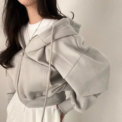 Zippered Long Sleeved Hooded Sweatshirt Loose Casual Simple Trendy Versatile Solid Color Fashionable Lazy Jacket Wholesale
