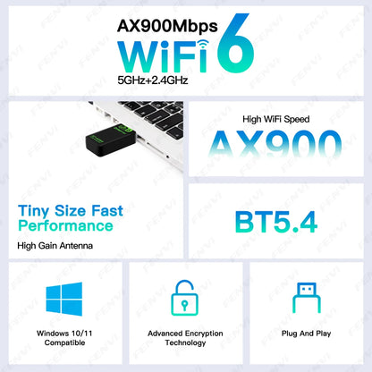 WiFi 6 AX900 BT5.4 USB Adapter 2in1 Dongle Dual Band 2.4G&5GHz Network Wireless Receiver Driver Free For PC/Laptop Windows 10/11