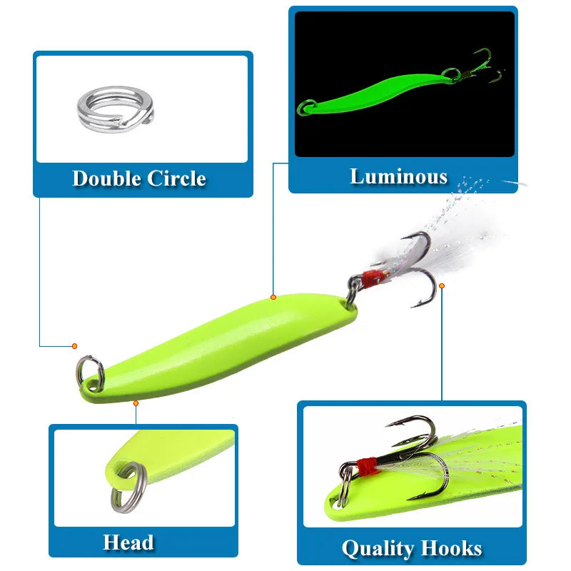 1pcs 5g 7g 10g 13g Luminous Fishing Spinner Spoon Lure Hard Bait with Feather For Bass Sea Lures Wobbles Fishing Accessories