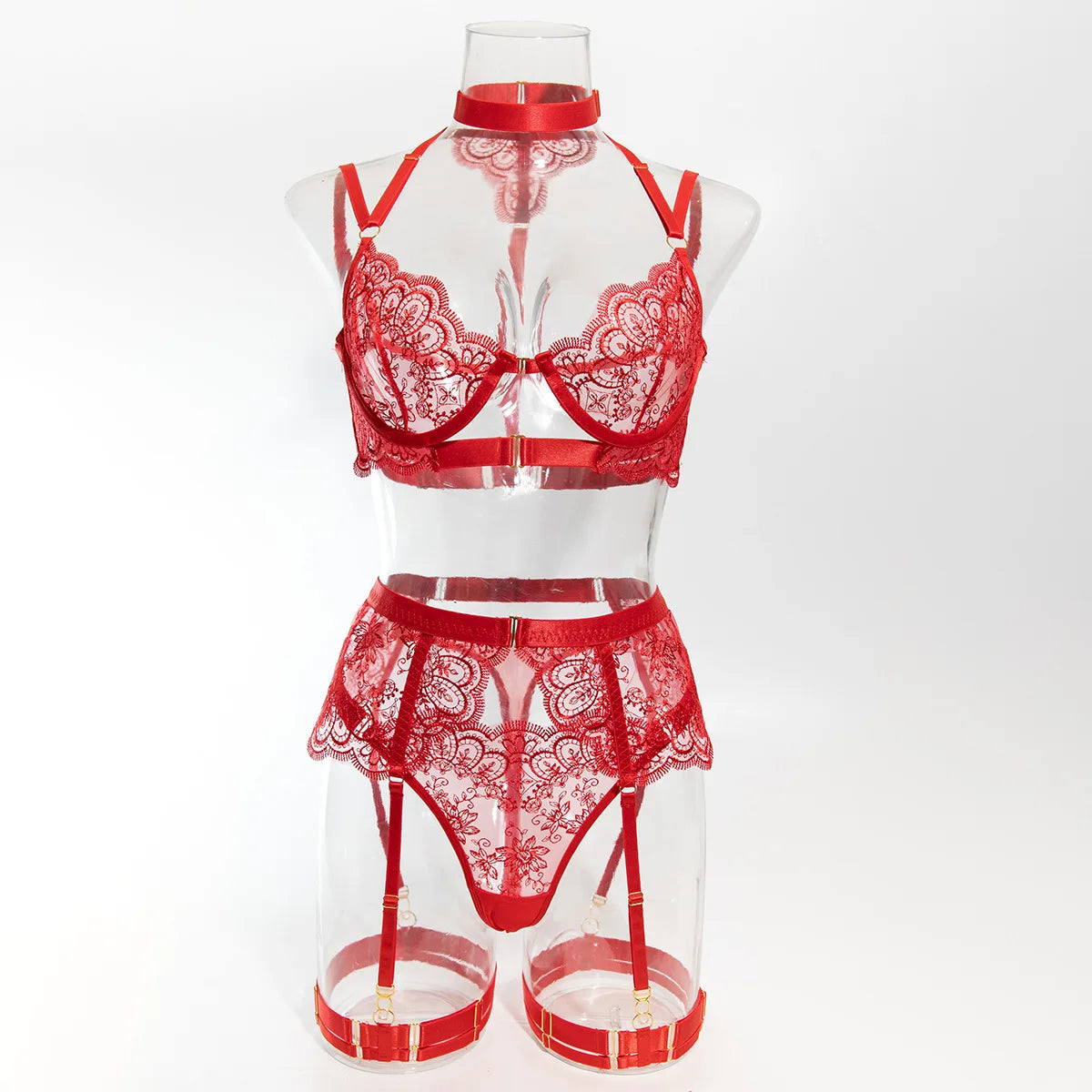 Women's Lingerie Sets with Garter Belt 3 Piece Sexy Lace High Waist Bra and Panty Set Push Up Exotic Sleepwear