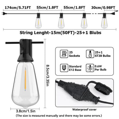 Arbrac ST38 LED-ljusslinga Utomhus IP44 – Varmvit 2200K Krossäker Fjärrkontroll Dimmer 15/18/20/30m Trädgård Bröllop Jul CE RoHS