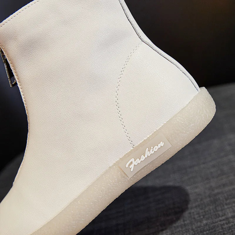 ZXRYXGS British Style Front Zipper Genuine Leather Boots Flat Sneakers 2026 Temperament Trend Autumn Winter Boots Black White