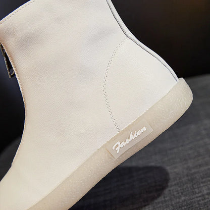 ZXRYXGS British Style Front Zipper Genuine Leather Boots Flat Sneakers 2026 Temperament Trend Autumn Winter Boots Black White