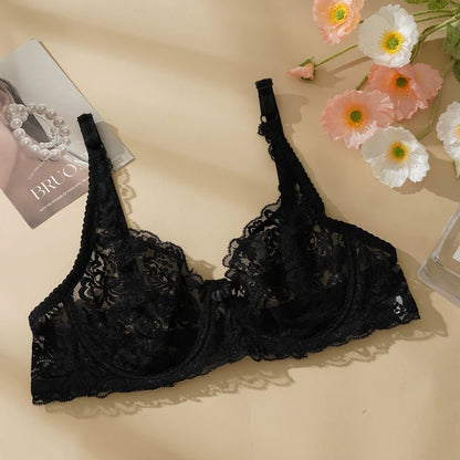 Plus Size Ultra-thin Lace Bras Women Sexy Exquisite Bras Non-padded Push Up Hollow Out Gathered Solid Underwear 34-40 B/C CUP