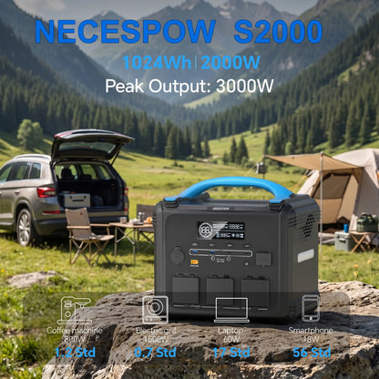 Necespow Outdoor Portable Power Station 2000W Solar Generator Pure Sine Wave for Camping RV Road Trip Outdoor Adventure Emergency Power Supply