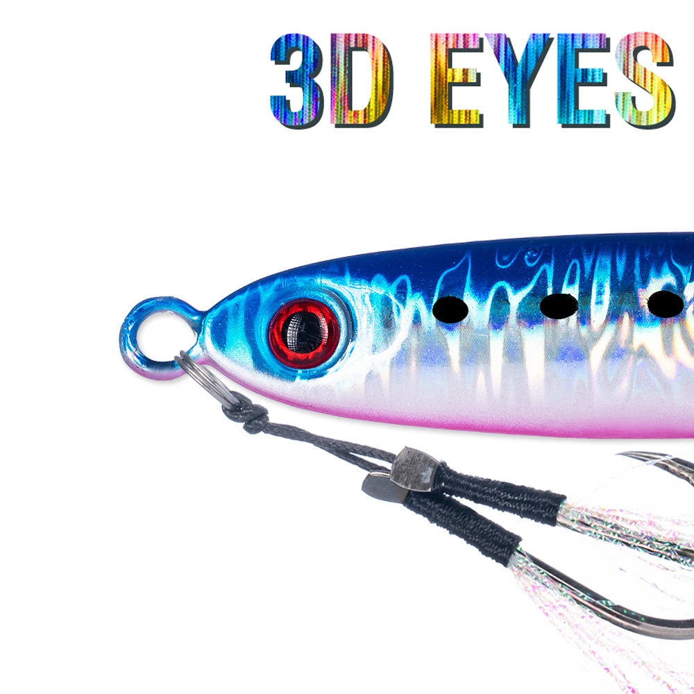 6Pcs Metal Jigging Lure 10-100g Slow Sinking Casting Bait 3D Eyes Luminous with Assist Hooks for Sea Fishing