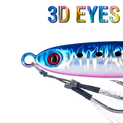 6Pcs Metal Jigging Lure 10-100g Slow Sinking Casting Bait 3D Eyes Luminous with Assist Hooks for Sea Fishing