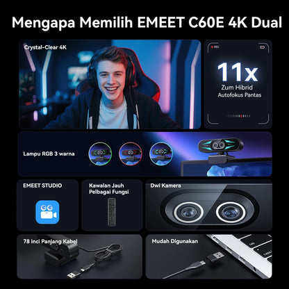 4K Webcam 1080P 60fps Web Camera EMEET C60E 4K Binocular USB Camera With RGB Light for Streaming/Gamer Video Camera for Computer