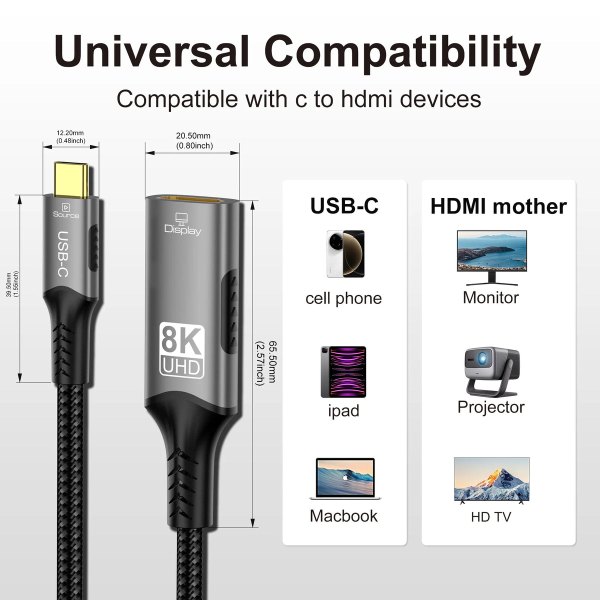8K@60Hz 8K USB C to HDMI 2.1 Cable Adapter Type C to HDMI Cable for Thunderbolt 3 Compatible with MacBook Pro IPad pro Laptop
