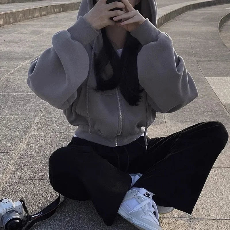 Zippered Long Sleeved Hooded Sweatshirt Loose Casual Simple Trendy Versatile Solid Color Fashionable Lazy Jacket Wholesale