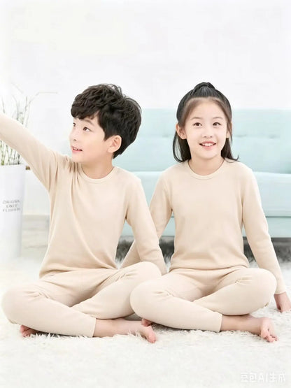 For German velvet warm children's self-heating fiber underwear set boys warm autumn clothes autumn and winter pants girls warm
