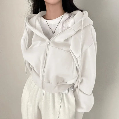 Zippered Long Sleeved Hooded Sweatshirt Loose Casual Simple Trendy Versatile Solid Color Fashionable Lazy Jacket Wholesale