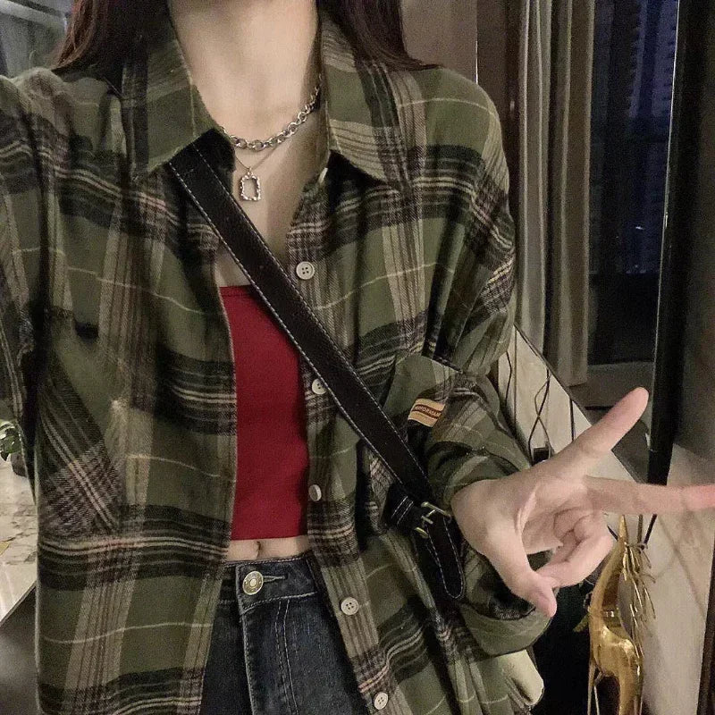 Vintage Dark Green Plaid Shirt Women Long Sleeve Oversized American Casual Fall Layering Top Blouse Coat Jacket