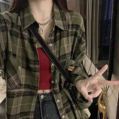 Vintage Dark Green Plaid Shirt Women Long Sleeve Oversized American Casual Fall Layering Top Blouse Coat Jacket
