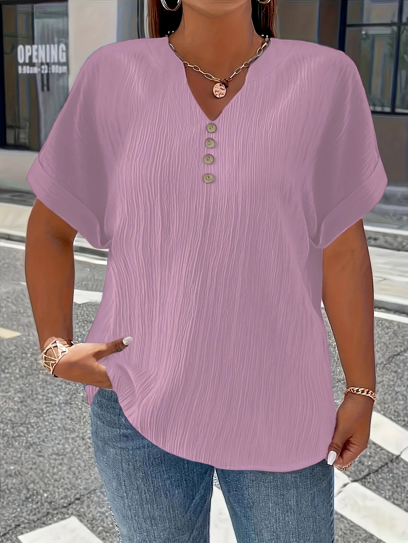 Dam Plus Size Krinklad Blus – Kortarm Knappdetalj Avslappnad Casual Året Runt, 10 Färger 1XL–5XL