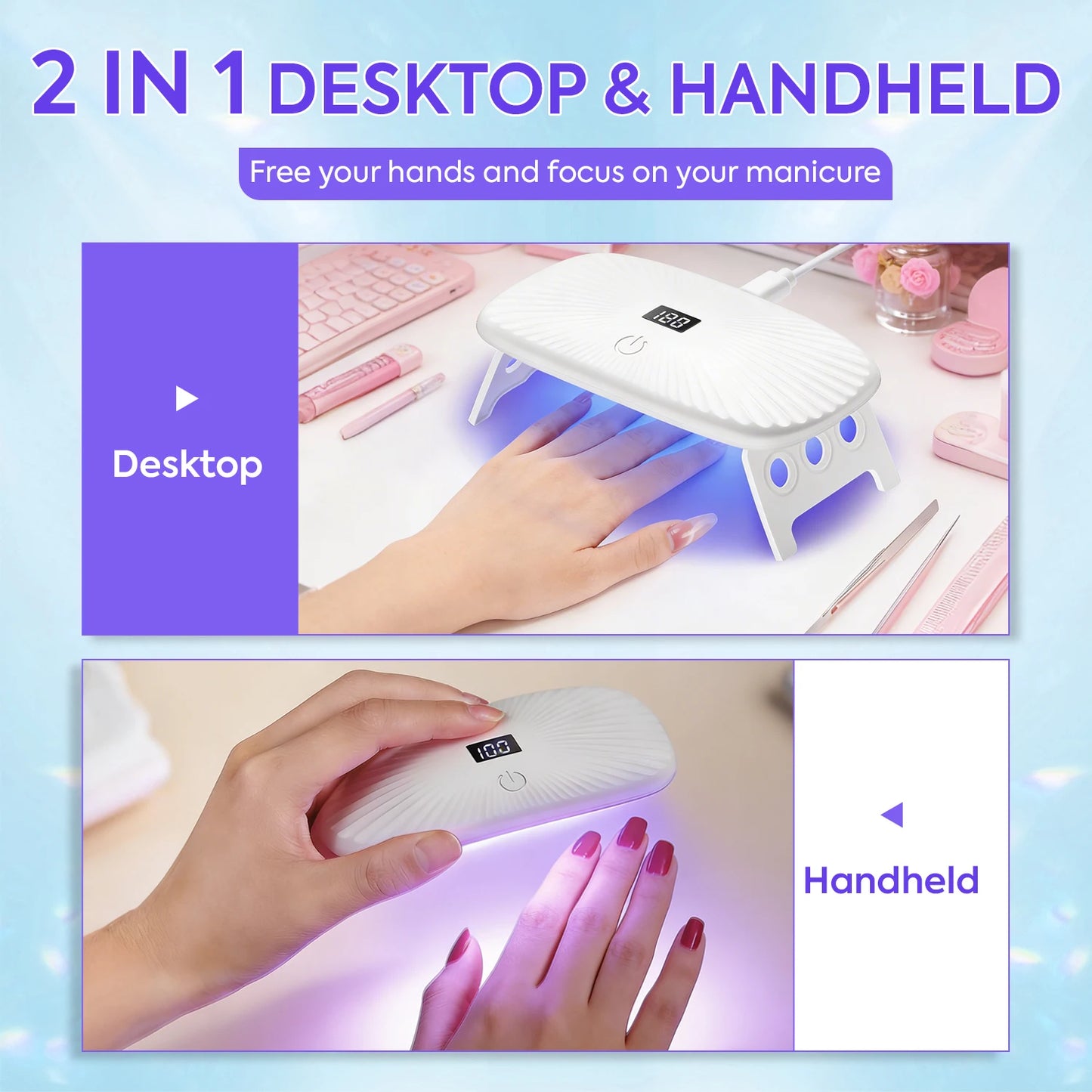 2-in-1 Handheld & Desktop UV Nail Lamp: Dual-Wavelength Fast Curing with 4-Timer Settings & Portable Design