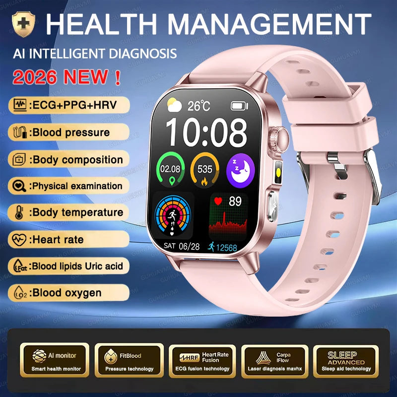 2026 ECG+PPG Daily Health Smart Watch Men Blood Fat Uric Acid Heart Rate Blood Oxygen Bluetooth Call Wellness Tracker Smartwatch