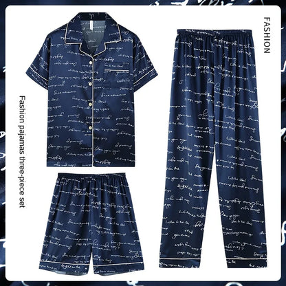 Fashion Summer Autumn 3 Piece Silk Men Pajamas Set Short Sleeve Shorts Oversize Homewear Lapel Collar Loungewear Pijamas for Man