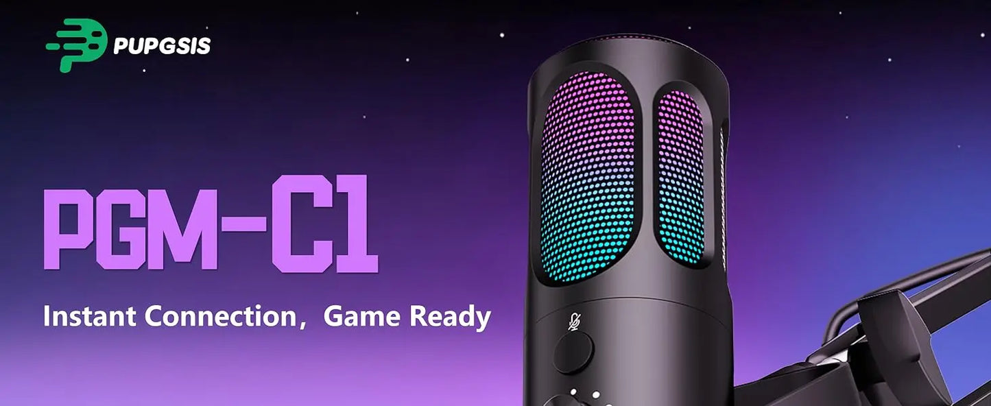 PUPGSIS Gaming USB Microphone, Noise Cancellation Condenser Mic with Mute, Gain, RGB Lights, Boom Arm Stand for Streaming, PC