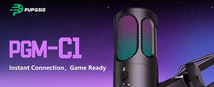 PUPGSIS Gaming USB Microphone, Noise Cancellation Condenser Mic with Mute, Gain, RGB Lights, Boom Arm Stand for Streaming, PC