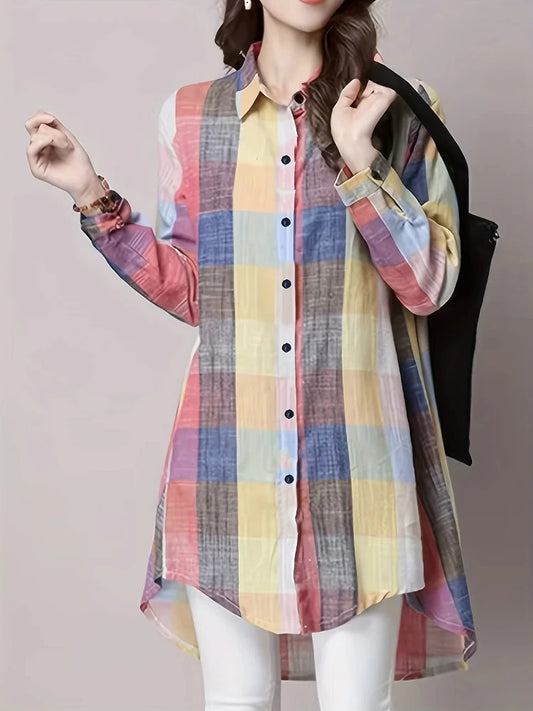 Dam Blus Stor Storlek 2026 – Lös Vintage Randig Rutig Linne Långärmad Koreansk Stil, 1XL–5XL