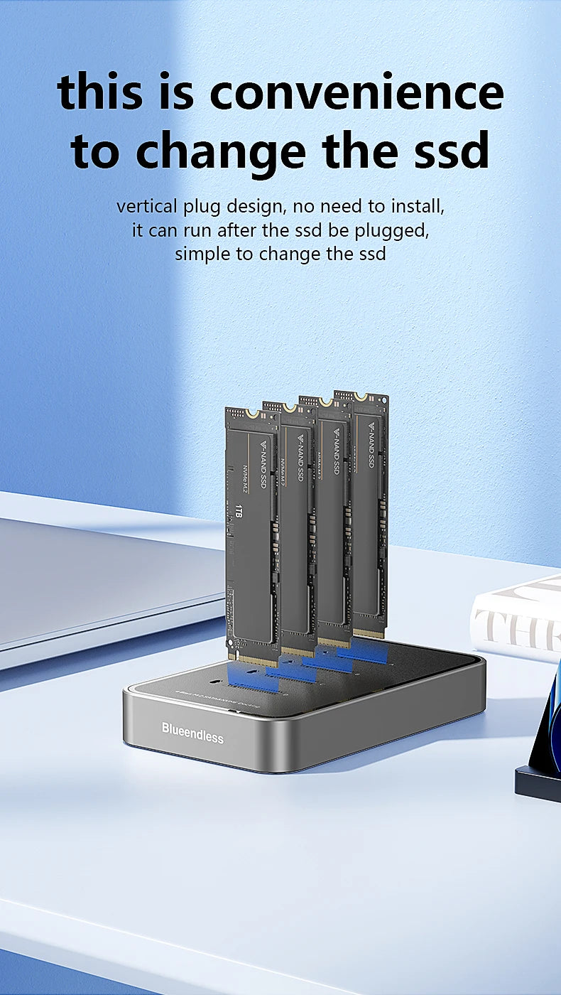 Blueendless 4 Bay M.2 NVMe/SATA SSD Docking Station Type C USB3.1 10Gbps M2 NVMe PCIe SATA NGFF Dual Protocol Aluminum SSD Case