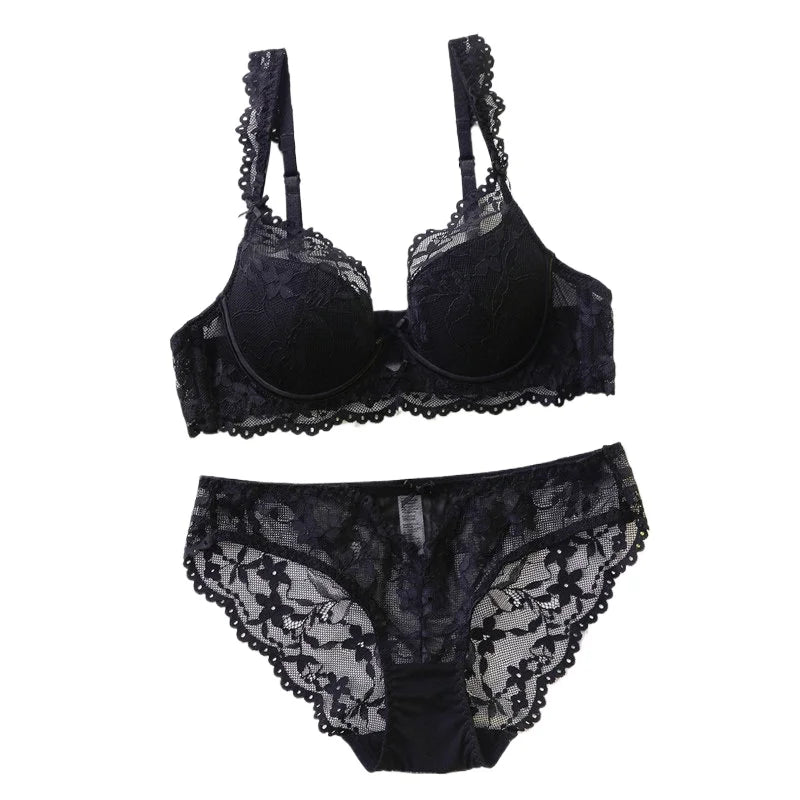 Ladies Soft Underwire Lace Push Up Bra Set Solid Floral Design Bralette Comfort Female Lingerie Set Suitable For A/B/C Cup