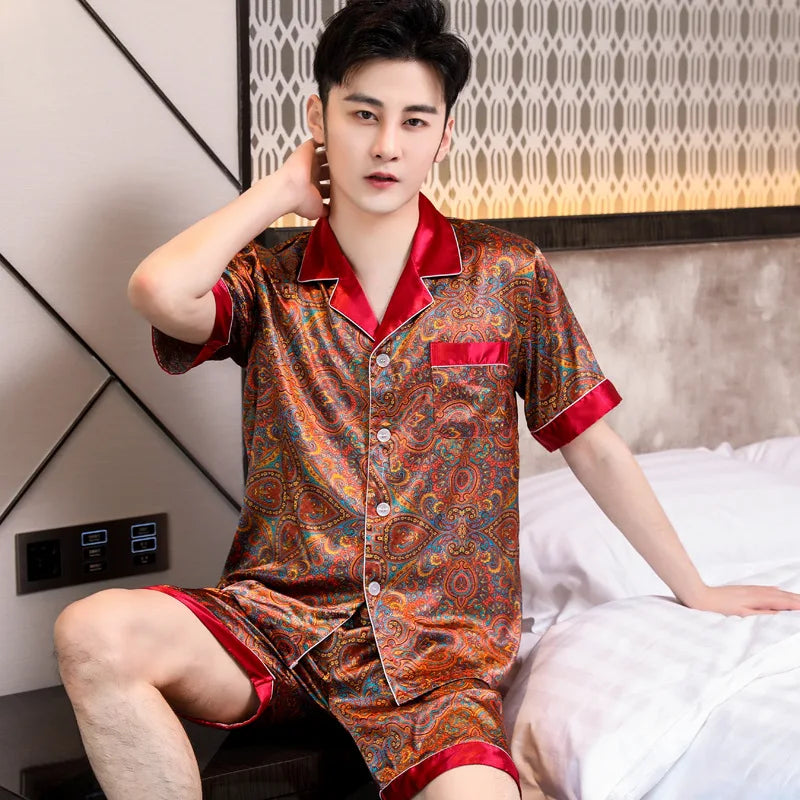 Herr Silk Satin Pyjamas 2-delad – Långärmad Topp & Byxor Tryckt Mönster, Svart/Röd/Marinblå