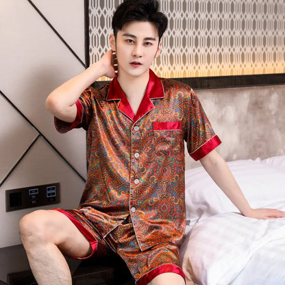 Herr Silk Satin Pyjamas 2-delad – Långärmad Topp & Byxor Tryckt Mönster, Svart/Röd/Marinblå