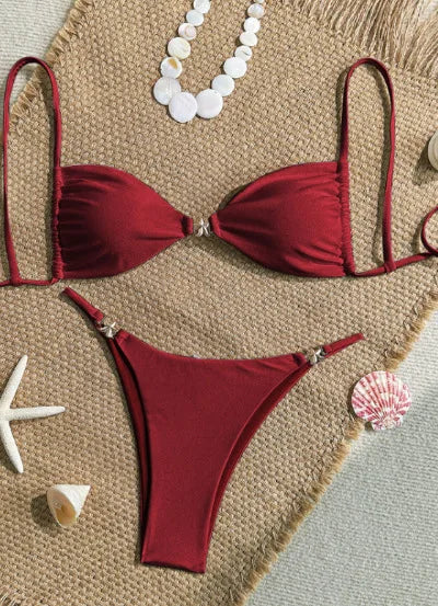 Sexy Solid Color Swimsuit Women' Swimwear 2026 New Bandeau Bikinis Rings Bikini Bandage Beachwear Two Piece Bathing Suit
