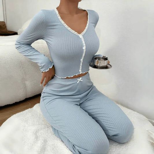 Dam Pyjamas 2-delat Set Höst & Vinter – Spets, Långärmad Loungewear, 4 Färger