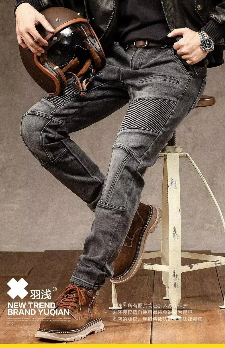High Street Motorcycle Men's Brand Splice Pockmark Handsome 2025 Autumn Winter New Elastic Slim Fold Long Pants Casual Jeans
