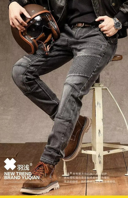 High Street Motorcycle Men's Brand Splice Pockmark Handsome 2025 Autumn Winter New Elastic Slim Fold Long Pants Casual Jeans